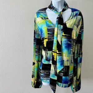 New York & Company Top XXL Abstract Puff Sleeve Tie Preppy Coquette Cottagecore